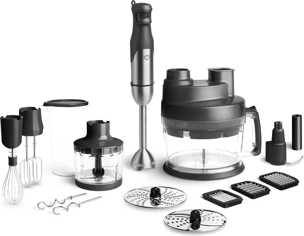 SPRINGLANE Stainless Steel Hand Blender Set Sam 800 W, Blender Stick, Container with Lid, Chopper, Whisk, Mixing & Dough Hooks, Food Processor incl. Storage Bag