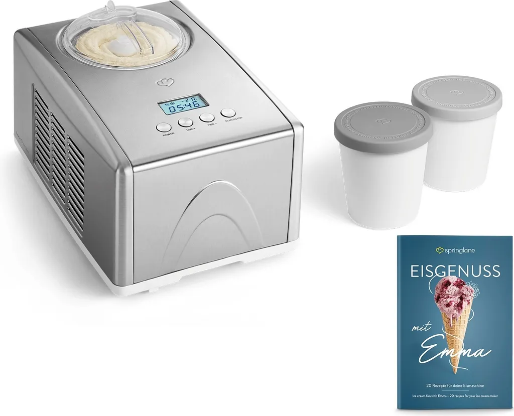 SPRINGLANE Emma 1.5L ice cream maker with self-cooling compressor (150W) including 2-piece storage container set, stainless steel ice cream machine with removable ice cream container, including recipe booklet