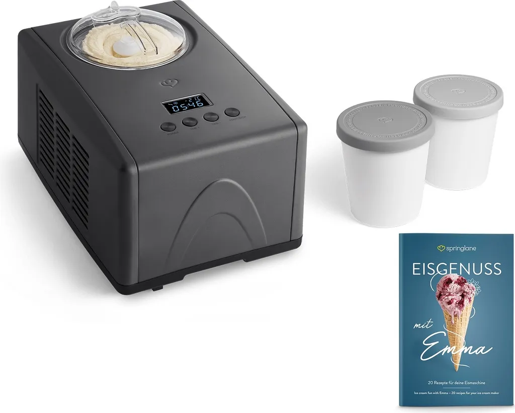 SPRINGLANE Emma 1.5L ice cream maker with self-cooling compressor (150W) including 2-piece storage container set, stainless steel ice cream machine with removable ice cream container, including recipe booklet