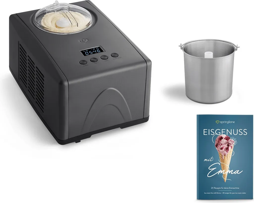 SPRINGLANE Emma 1.5L ice cream maker with self-cooling compressor (150W) including stainless steel additional container, stainless steel ice cream machine with removable ice cream container, including recipe booklet