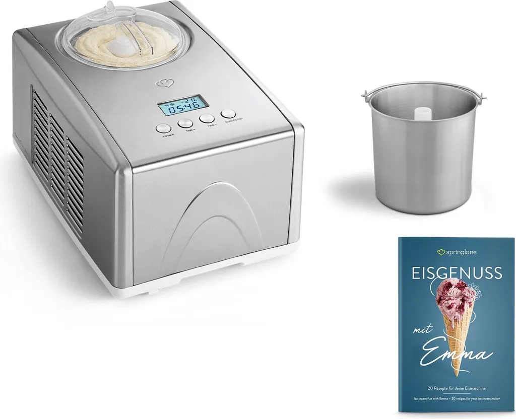 SPRINGLANE Emma 1.5L ice cream maker with self-cooling compressor (150W) including stainless steel additional container, stainless steel ice cream machine with removable ice cream container, including recipe booklet