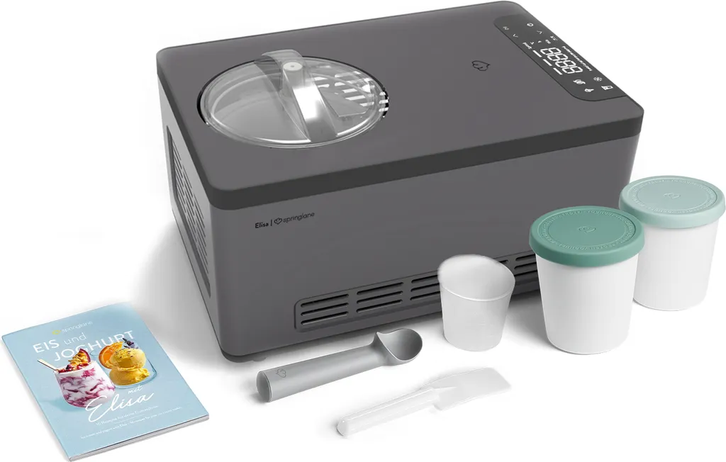 Springlane Ice Cream Maker & Yogurt Maker Elisa 2.0 L Anthracite, Stainless Steel with Self-Cooling Compressor 220 W incl. Storage Container 2-Piece Set Mint