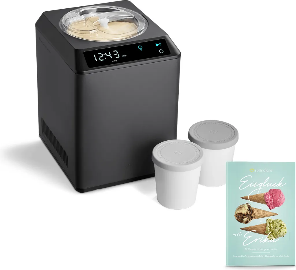 SPRINGLANE Erika 2.5L Ice Cream & Yogurt Maker with Self-Cooling 250W Compressor, Stainless Steel Ice Cream Machine with Cooling and Heating Function, Includes Recipe Booklet + 2 Storage Containers
