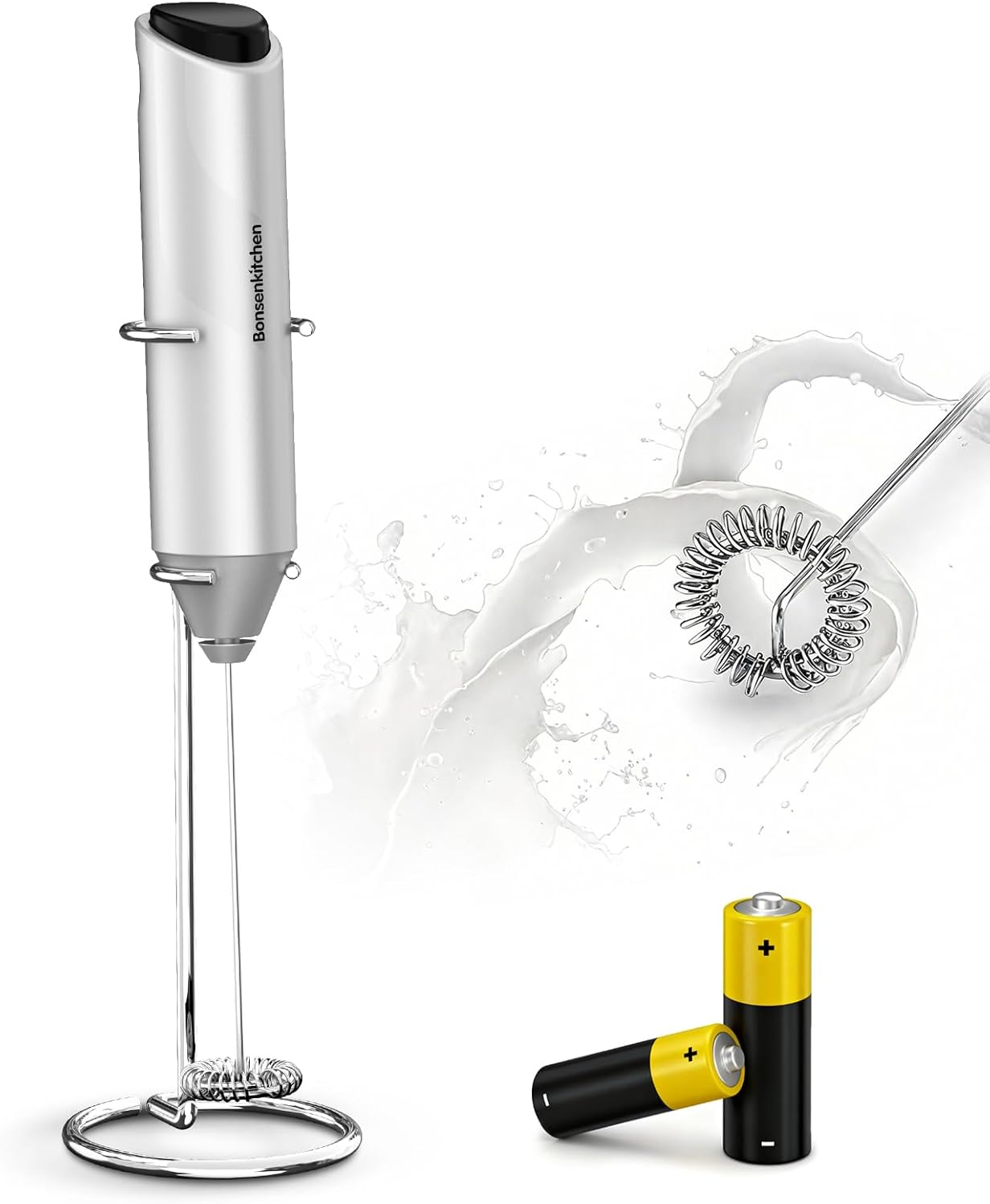 Bonsenkitchen Electric Milk Frother, Handheld Milk Frother Stick, with Stainless Steel Stand and Battery, Suitable for Latte, Cappuccino and Matcha, Gifts for Coffee Lovers, Silver