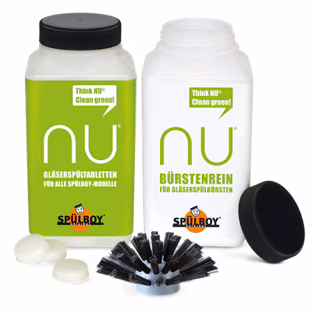 SPÜLBOY® cleaning set for NU®: 4 months of daily use. Contains glasswashing tablets, brush cleaner, and brush head.