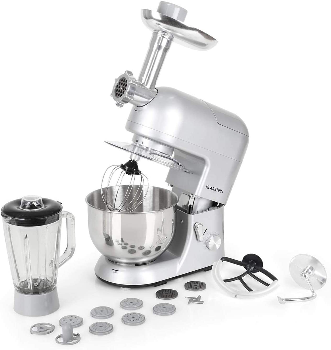 Klarstein Lucia Argentea Universal Food Processor, Mixer Multifunctional Food Processor with Meat Grinder, 1300 W, 5 L, Planetary Mixing System, Mixing Cup, Stainless Steel Bowl, Silver