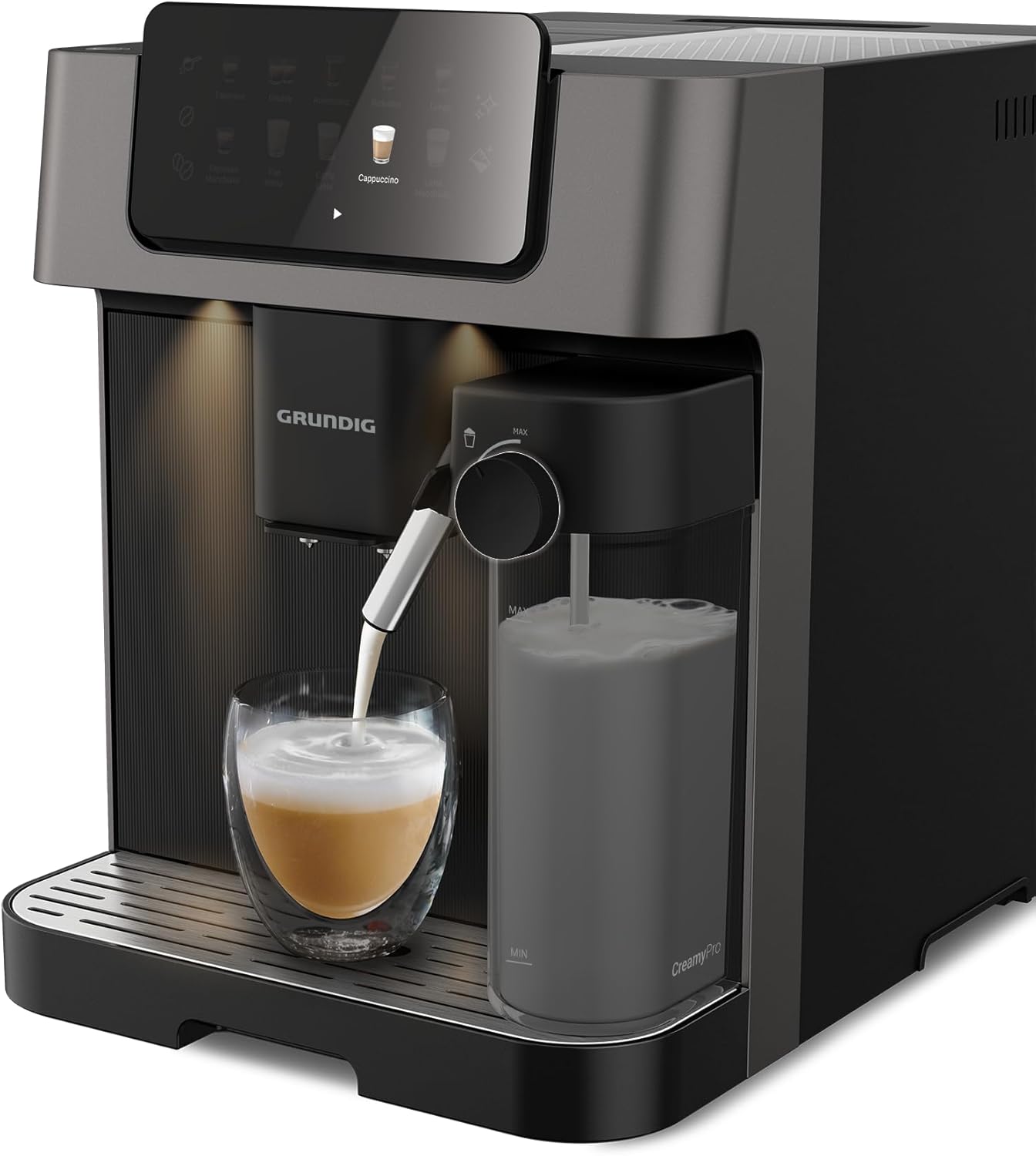 GRUNDIG KVA 7230 Fully Automatic Coffee Machine, 10 Coffee Specialties, 13 Grinding Levels, Milk Container, Powerful 1350 W, 19 Bar Pump Pressure, Double Nozzle, Lighting, Black/Dark Silver