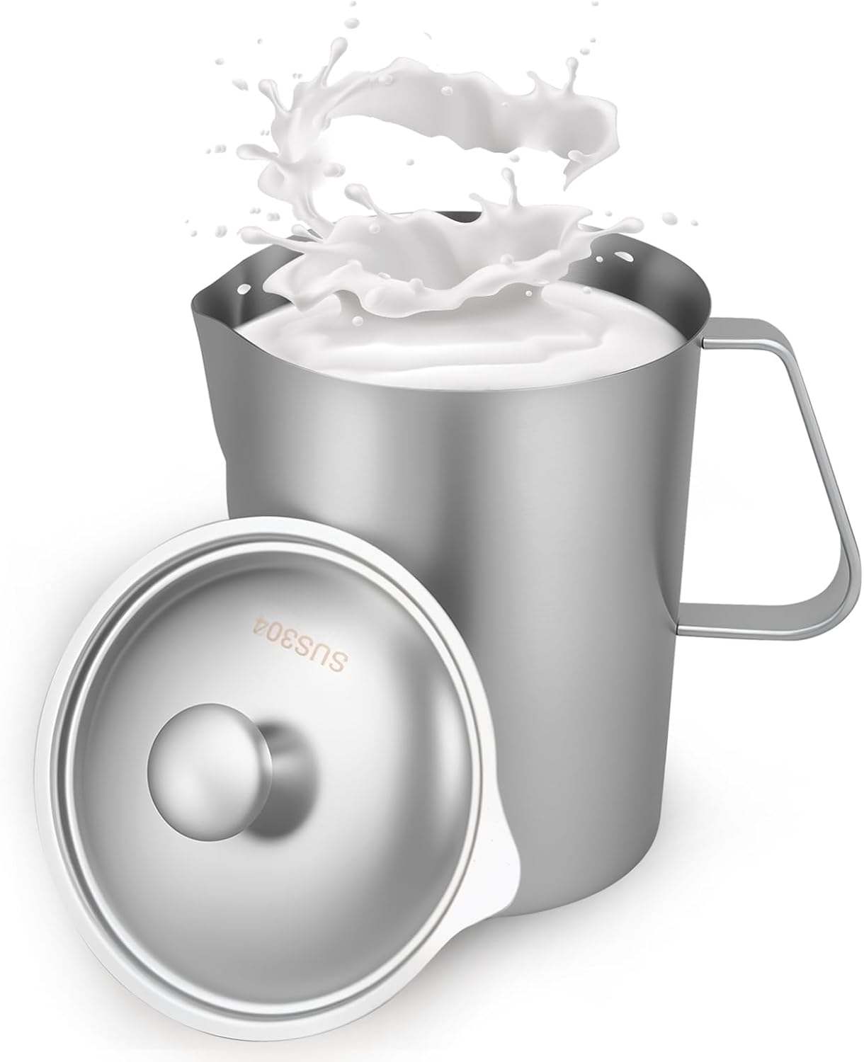 Milk Jug 1L Stainless Steel Measuring Cup with Lid Marking Milk Pitcher Milk Jug Stainless Steel Milk Frother Cup for Latte Art Latte Coffee Cappuccino Juice Smoothie (1L)