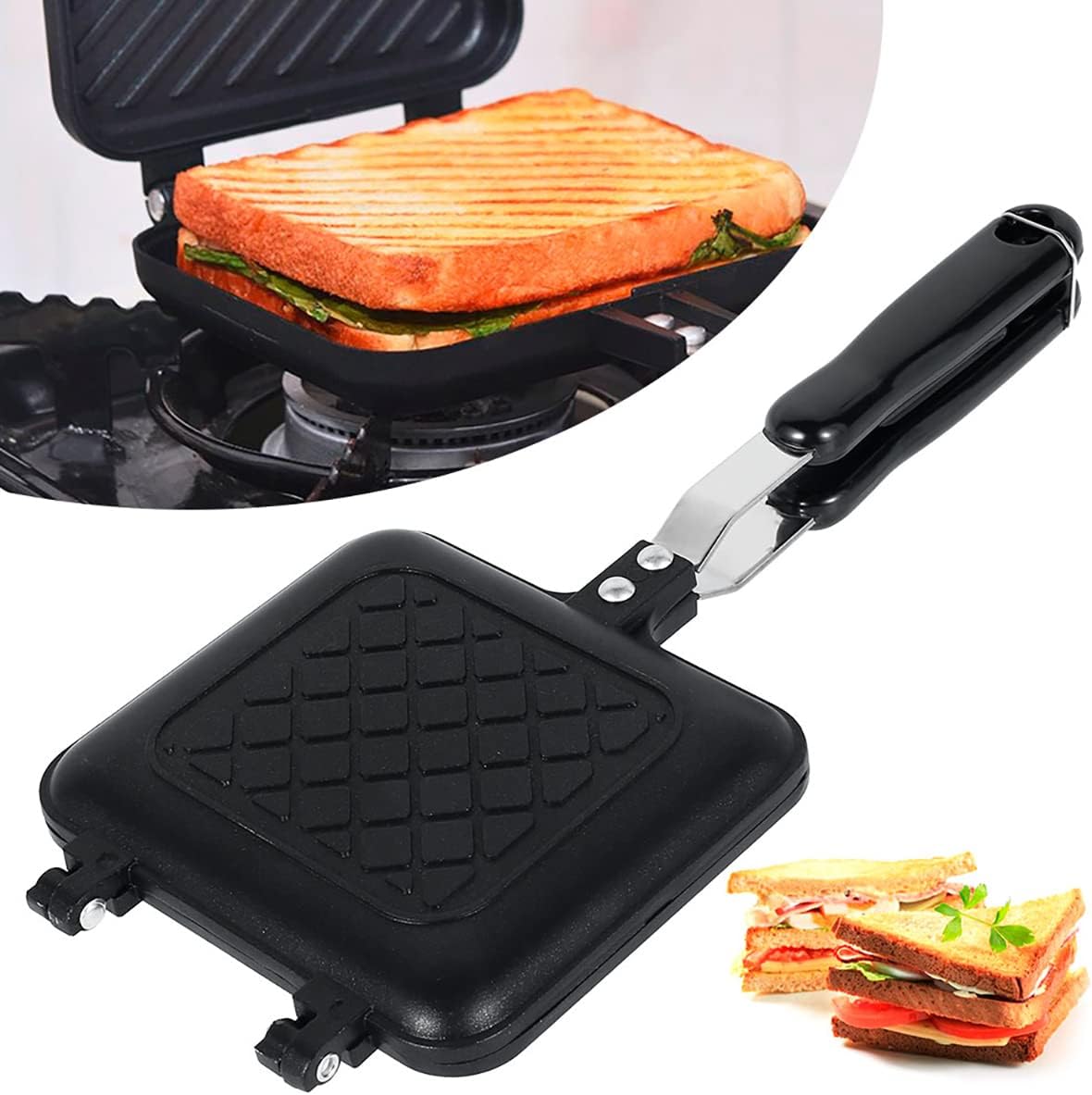 Toastie Maker Double Sided Bread Frying Pan Non-Stick Stove Sandwich Maker Toast Machine with Heat Resistant Handles Multipurpose Sandwich Press Camping Toaster for Gas Stove