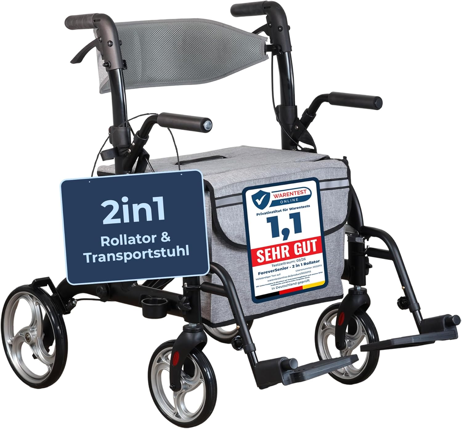 2-in-1 Wheelchair Rollator with Suspension - Foldable and Lightweight with Seat & Backrest and Footrests - Stable, Safe & Mobile for Seniors, Outdoor & Indoor Use