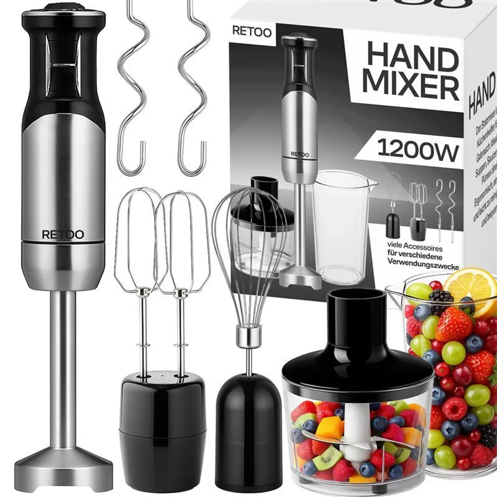 Retoo 6-in-1 Hand Blender Set, 1200W Stainless Steel: Blender, Mixing Wand, Pureeing Wand, Whisk, Stirring Hook, Blending Wand, Beater, Tamper, Chopper