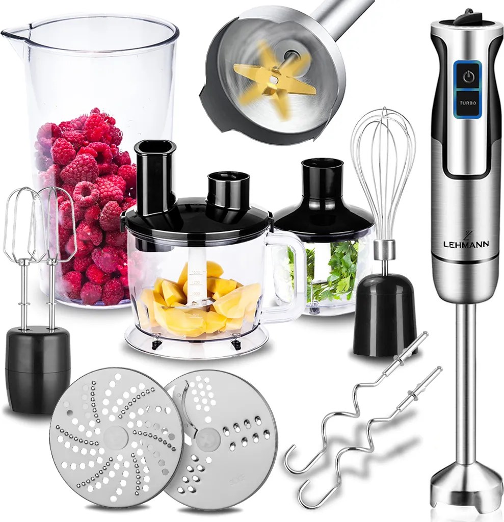 LEHMANN TURBO 1200W Stainless Steel Hand Blender, Blending Wand, Whisk, Mixing Hook SET 9in1