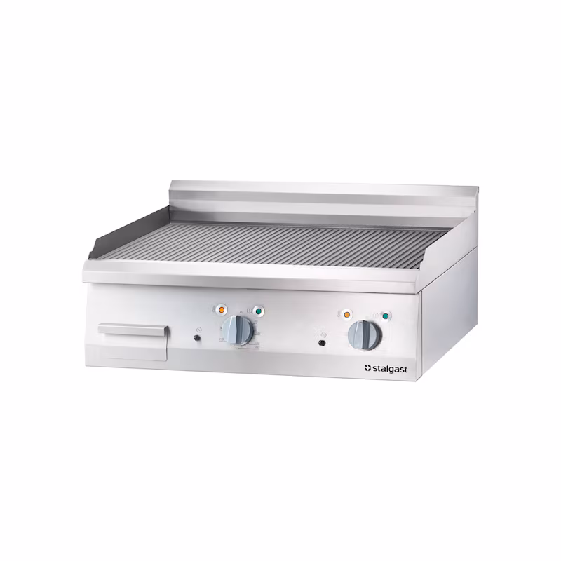 Stalgast stainless steel electric griddle plate as a tabletop unit, 800x700 mm, grooved grilling surface, 700 ND series
