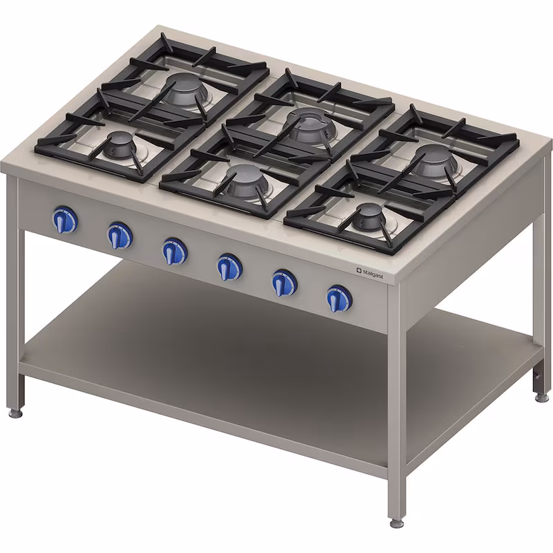 Stalgast stainless steel gas cooker series 900 - 6 burners (3.5+3x5+2x7), 32.5 kW, G20, 1300 x 900 x 850 mm (WxDxH)