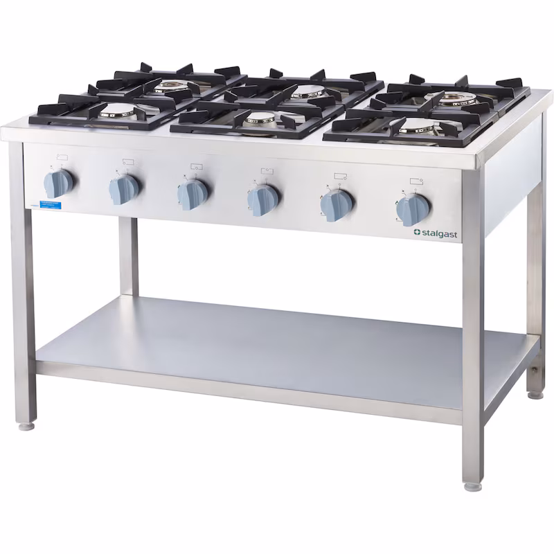 Stalgast stainless steel gas cooker series 900 - G20, 6 burners (3.5+2x5+2x7+9), 1300 x 900 x 850 mm (WxDxH)