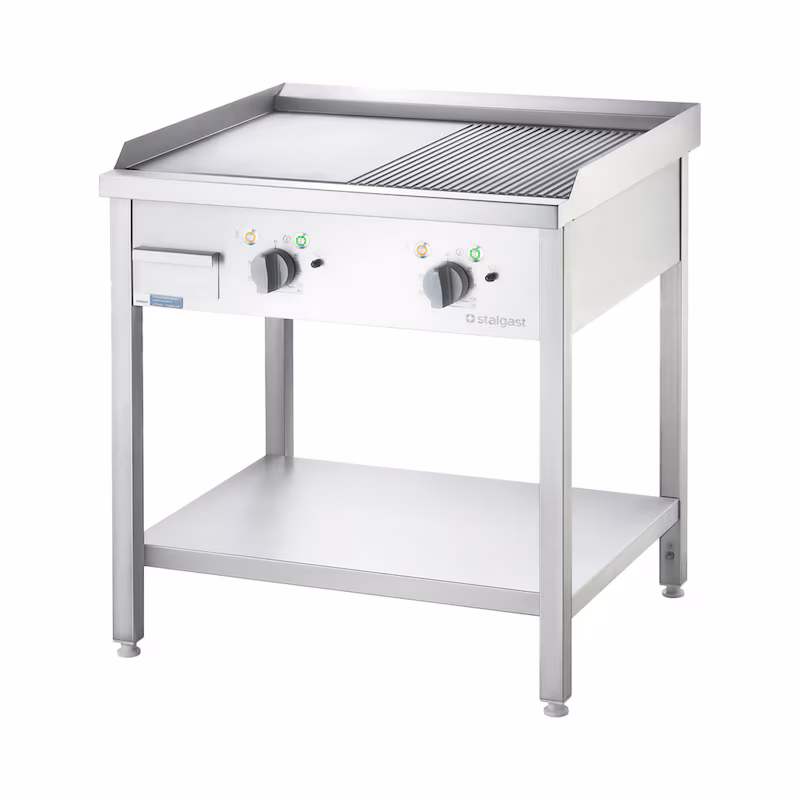 Stalgast electric griddle plate as a freestanding unit - ½ smooth / ½ grooved, open base, 800 x 700 x 850 mm (W x D x H)