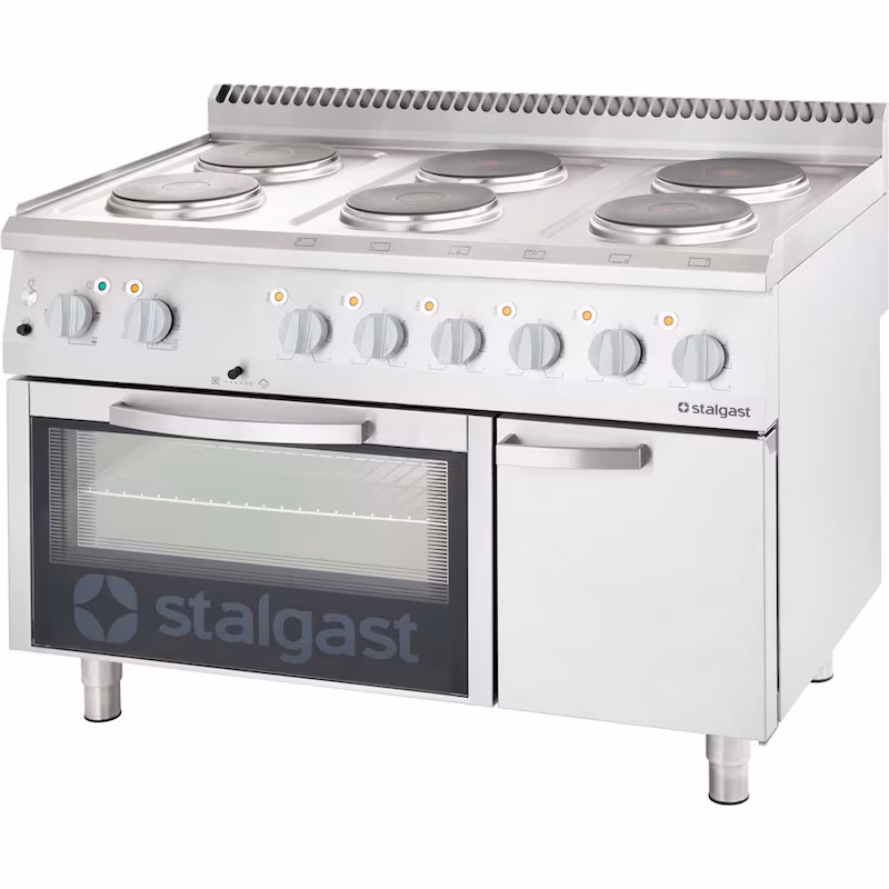 Stalgast electric stove with 6 hobs, static oven GN 2/1 and single-door base cabinet, series 700 ND