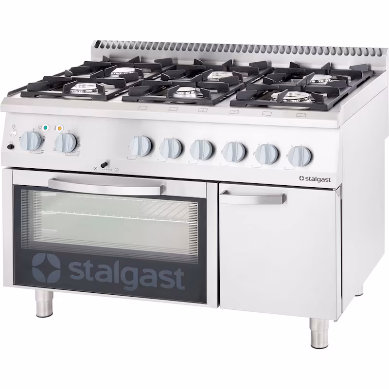 Stalgast gas cooker with 6 burners (3.5+3x5+2x7), electric convection oven GN1/1 and base cabinet, series 700 ND