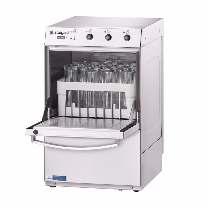 Stalgast Aqua A3 glasswasher with rinse aid and detergent dosing pump and drain pump, 2 wash programs, basket size 400x400 mm