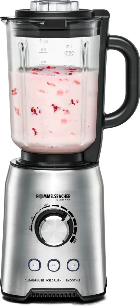 Rommelsbacher MX 1250 stand mixer, 22,000 rpm, continuously variable speed control, function buttons (Smoothie, Clean/Pulse, Ice Crush), glass jug, stainless steel housing, special blades, 1200 watts