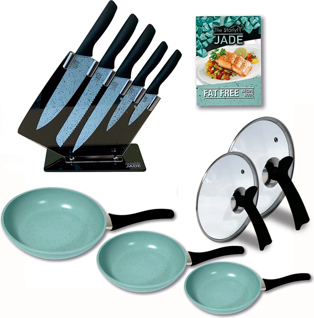 INDUSTEX S.L. Starlyf® Pan Set »Jade Pan Set + Jade Knife Series«, Aluminum (Value Set, 11-piece, 3 pans, 2 glass lids, 5 knives, 1 knife block), Kitchen Starter Set, Jade Coating, Pans, Knife Set, Knife Block