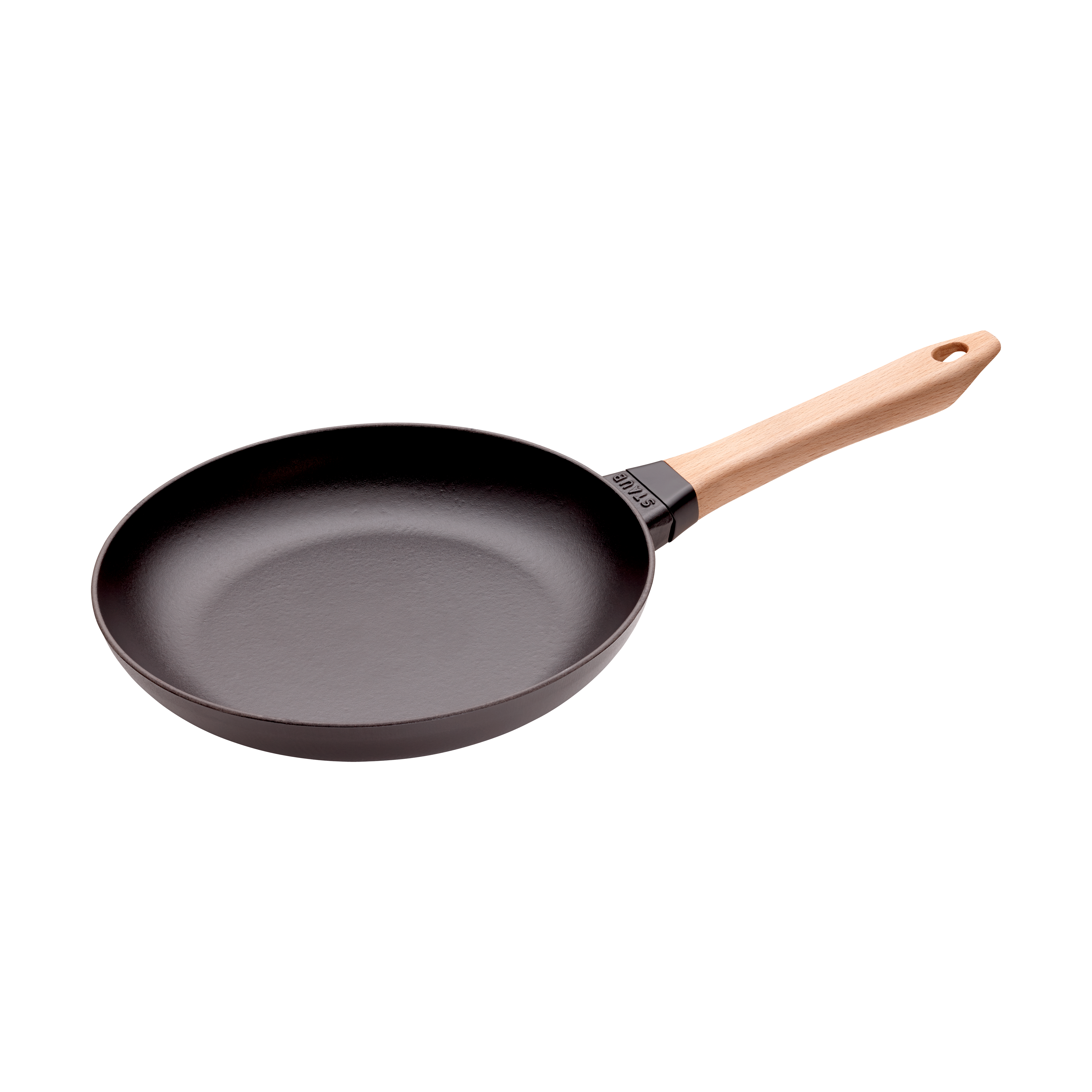 Staub frying pan, cast iron, black, light wooden handle