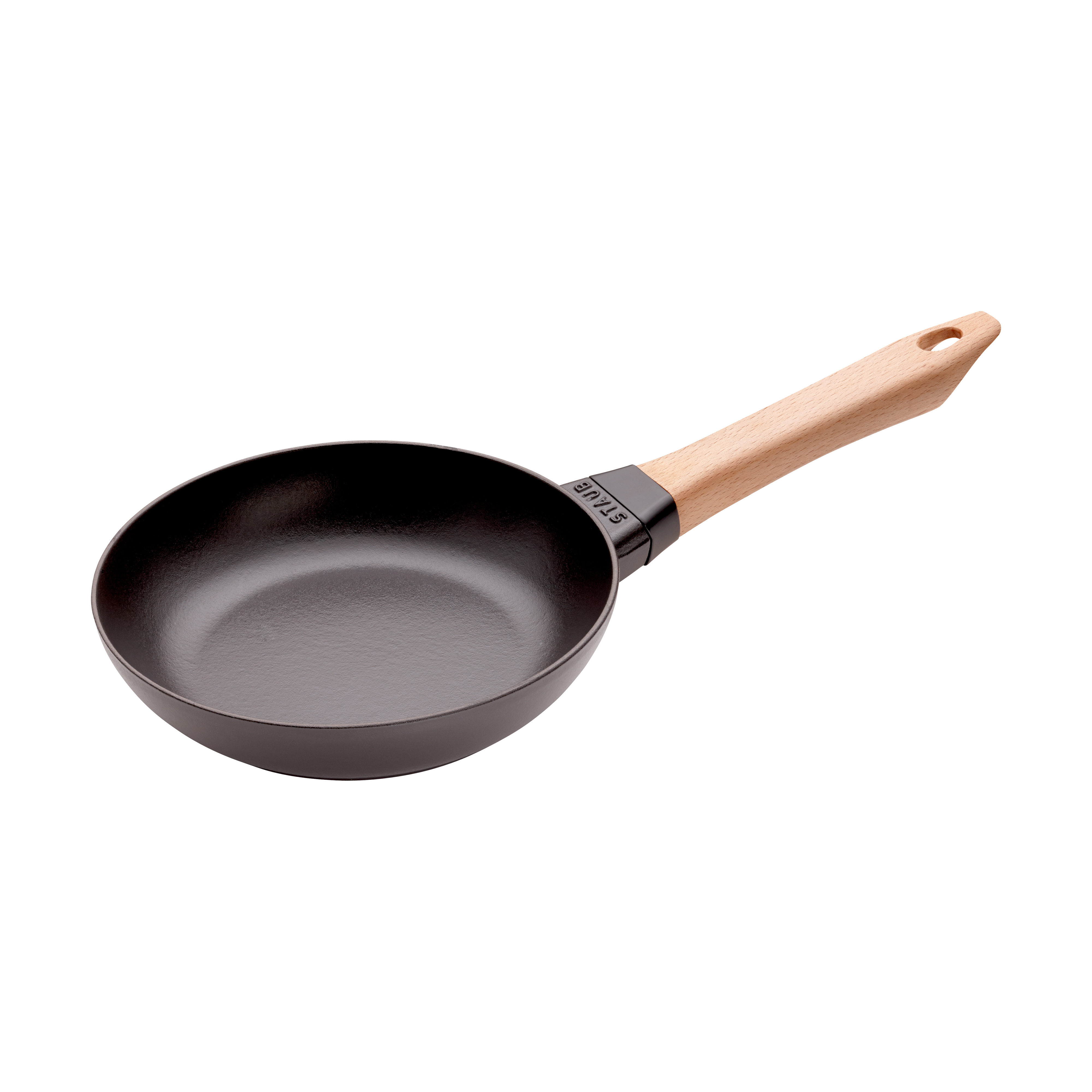 Staub frying pan, cast iron, black, light wooden handle