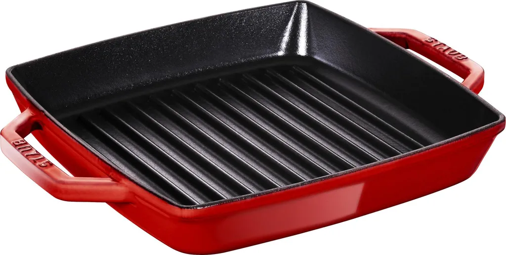 Staub cast iron grill pan with 2 handles, square, cherry red, 23 cm