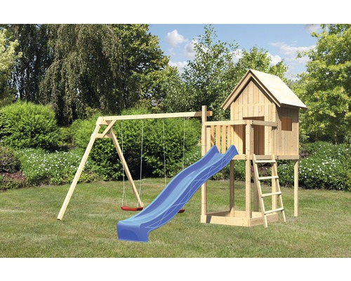Karibu Stilt house AKUBI Frieda wood with sandpit, double swing, slide blue