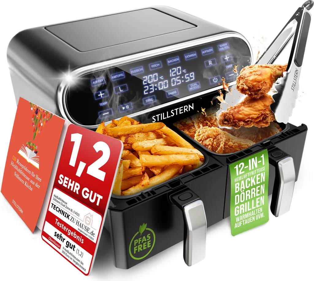 Stillstern Dual Zone Hot Air Fryer 8L (for 1-8 people), 2400W, Excellent 1.2 (Very Good), 55-200°C, Shake Function, 120 Recipes (GERMAN), 8 Programs, Dehydrating, Defrosting & Keep Warm, Air Fryer