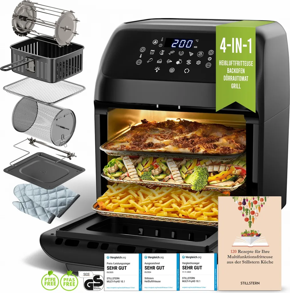 Stillstern XXL 12L Air Fryer with LED Touchscreen, Recipe Book in German, 12 Programs, Preheat & Keep Warm Function, 1800W Oil-Free Air Fryer XXL Dehydrating Mini Oven Camping Grill