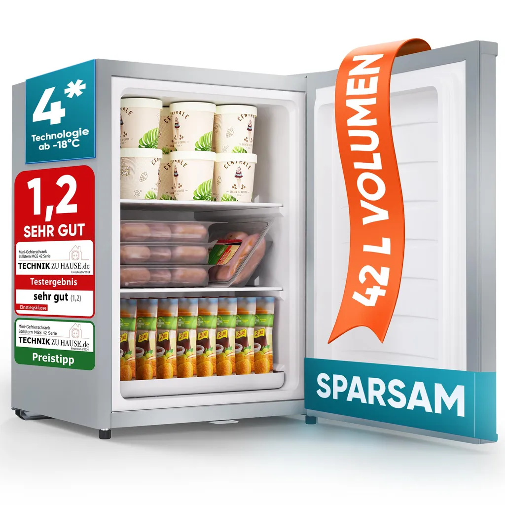Stillstern Mini Freezer, Small & Quiet, 42L, Chest Freezer -18°C with Ice Cube Tray & Lock, Reversible Door, 4-Star Small Freezer for Camping/Office, Silver