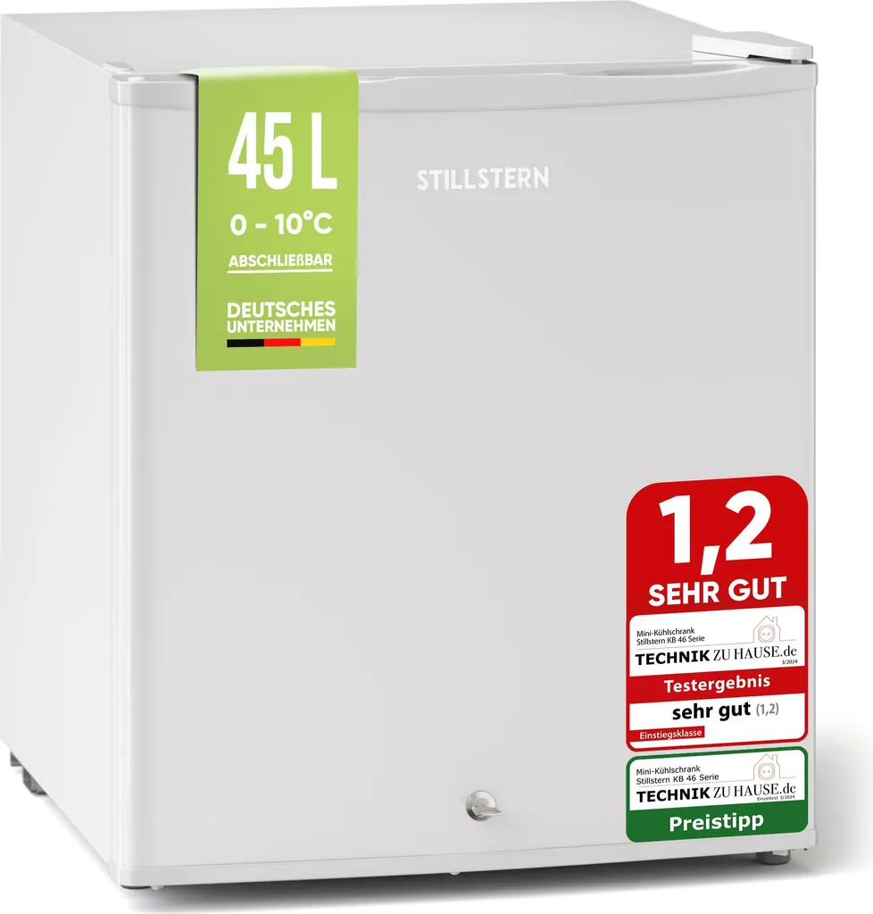 Stillstern Mini Fridge E 45L with automatic defrost, lock, freezer compartment, quiet operation, ideal for kitchen, office, bedroom, hotels and small apartments, small minibar/beverage cooler