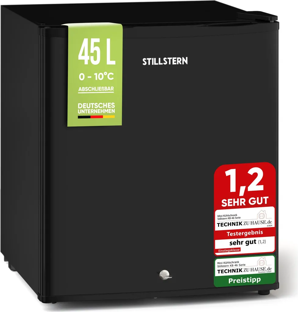 Stillstern Mini Fridge E 45L with automatic defrost, lock, freezer compartment, quiet operation, ideal for kitchen, office, bedroom, hotels and small apartments, small mini-fridge, R600A beverage cooler