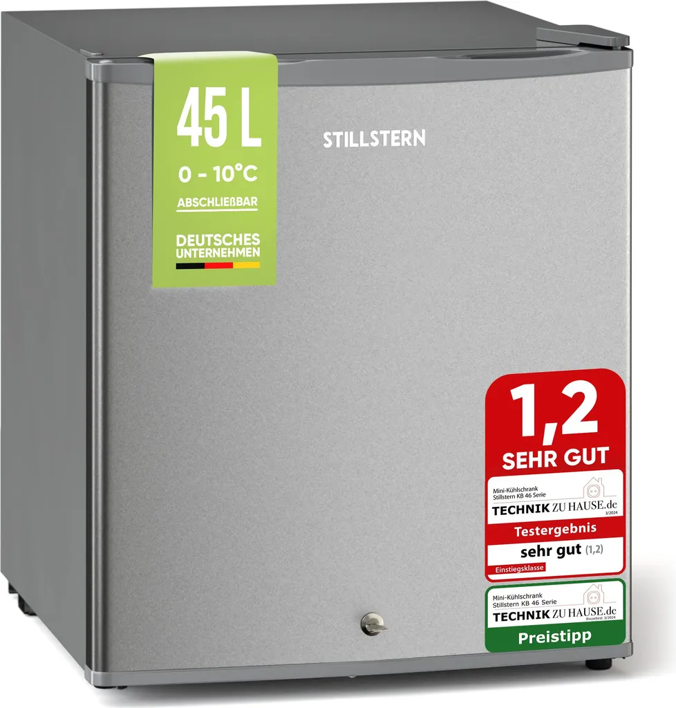 Stillstern Mini Fridge E 45L with automatic defrost, lock, freezer compartment, quiet operation, ideal for kitchen, office, bedroom, hotels and small apartments, small mini-fridge, R600A beverage cooler