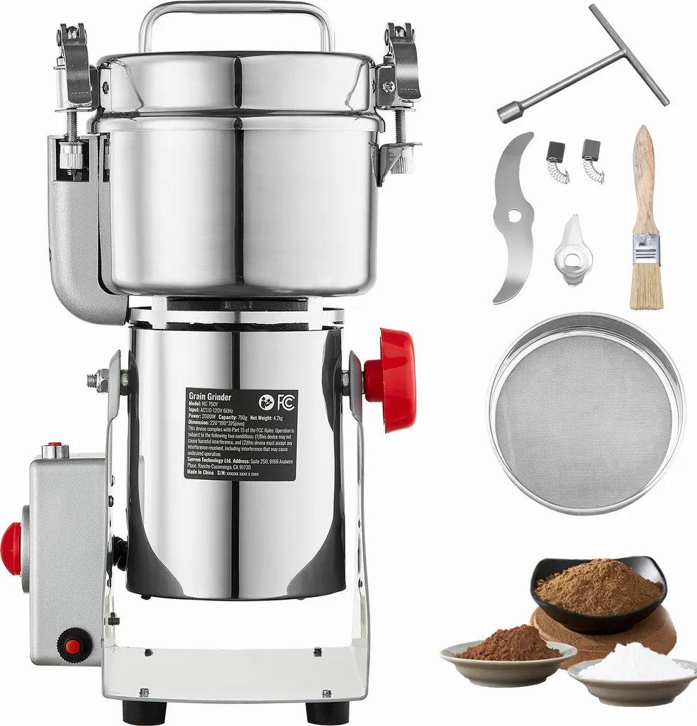 SucceBuy 750g Electric Grain Mill, 2000W, High Speed, Stainless Steel Pulverizer, for Dry Grains, Spices, Muesli, Coffee, Corn, Pepper, Oscillating Type