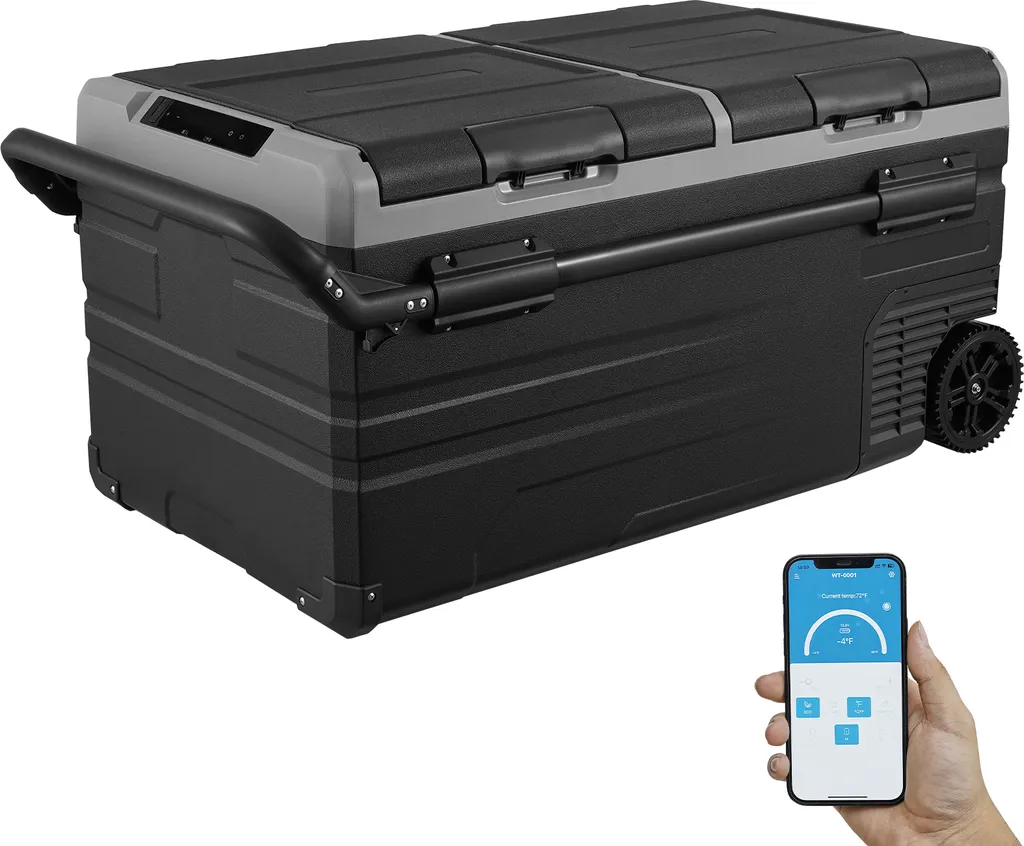 SucceBuy Car Refrigerator, 12-Volt Refrigerator, 95L Dual-Zone Portable Refrigerator with Wheels and Handle, -4°F-68°F, 12/24V DC and 100-240V AC Compressor Cooler for Outdoor Use, Camping