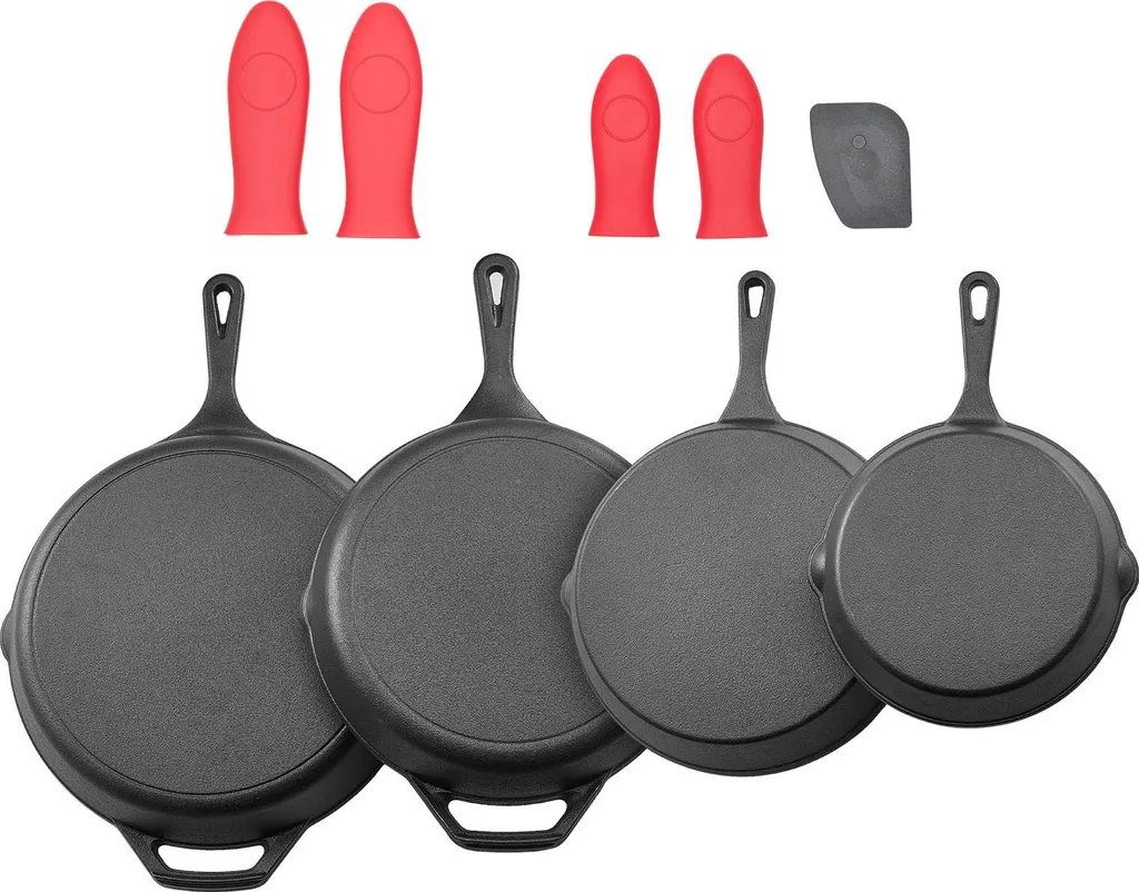 SucceBuy Cast Iron Frying Pan Set (150 / 205 / 260 / 305 mm), Robust Frying Pans with Heat-Resistant Handle, Versatile Cookware for Oven, Gas and Electric Cooking, Black
