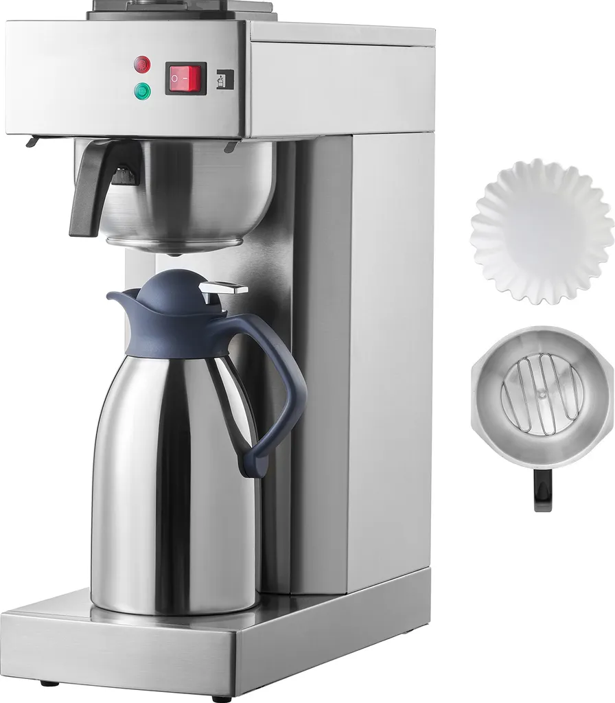 SucceBuy commercial 12-cup filter coffee machine with stainless steel thermos and pouring jug for restaurants, offices, and cafes; keeps drinks hot or cold.