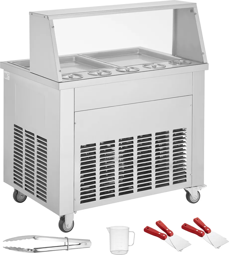 SucceBuy Ice Cream Roll Deep Fried Roll Machine – 2 Square Pans, 35.5 cm Diameter, Compressor, Commercial Quality, Stainless Steel