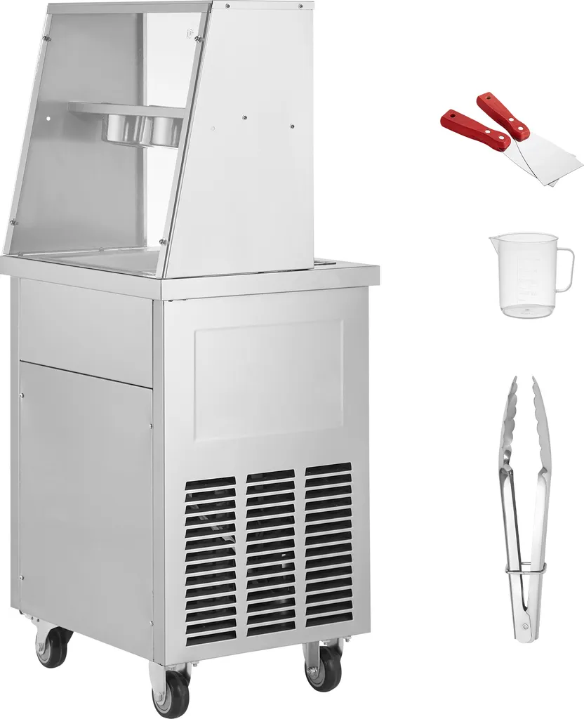 SucceBuy machine for deep-fried ice cream rolls, square pan for frying ice cream (35.4 x 35.4 cm). Commercial stainless steel ice cream roll maker with compressor and 2 scrapers.