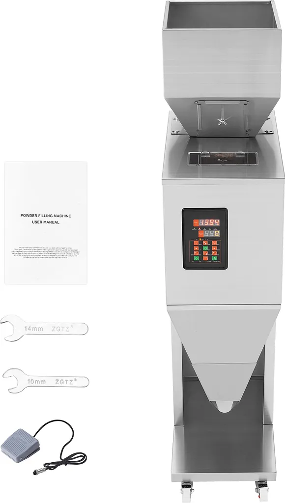 SucceBuy particle filling machine, 0.044–11 lbs/20–5000 g, automatic filler with foot pedal, stainless steel weighing machine for beans, seeds, grains, tea, granule packaging
