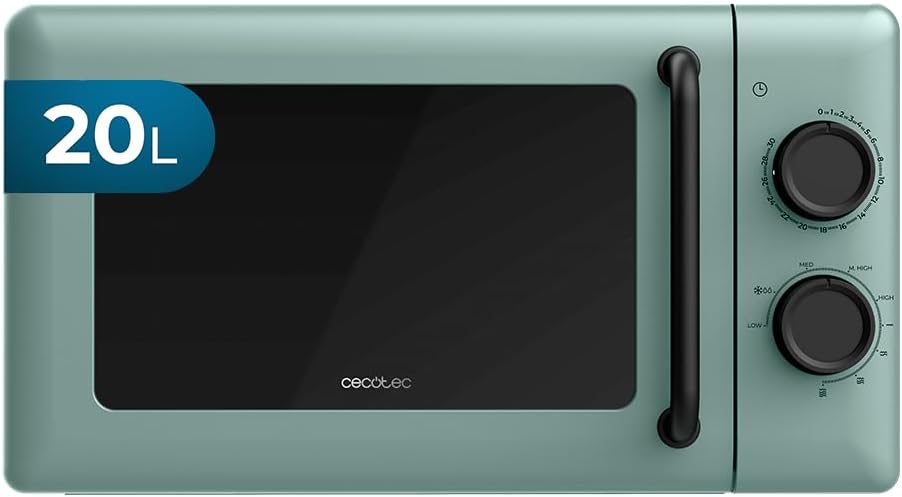Cecotec Mechanical Microwave with Grill 20L Proclean 3110 Green 700W in 6 Levels and 800W Grill, Defrost Mode, Cooking Time End Signal, Interior Light, 30 Minute Timer, Green Design
