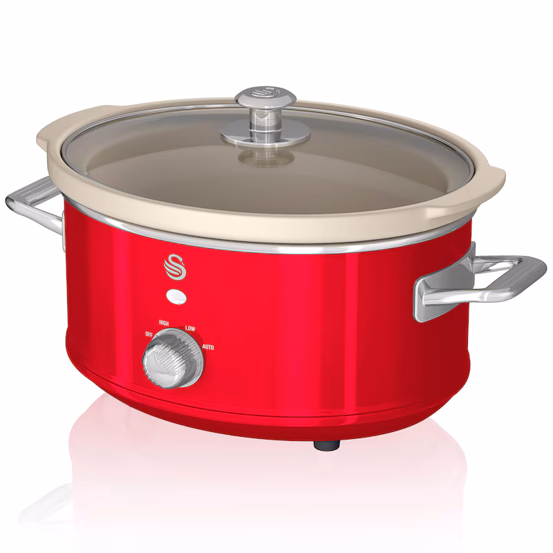 SWAN Retro Slow Cooker 3.5L, Non-stick ceramic, PFOA and PTFE free, Vintage, SF17021RNEU, Red