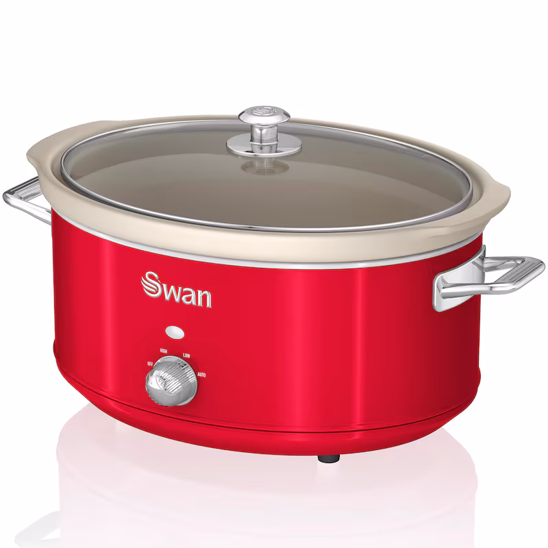 SWAN Retro Slow Cooker 6.5L, Non-stick ceramic, PFOA and PTFE free, Vintage, SF17031RNEU, Red