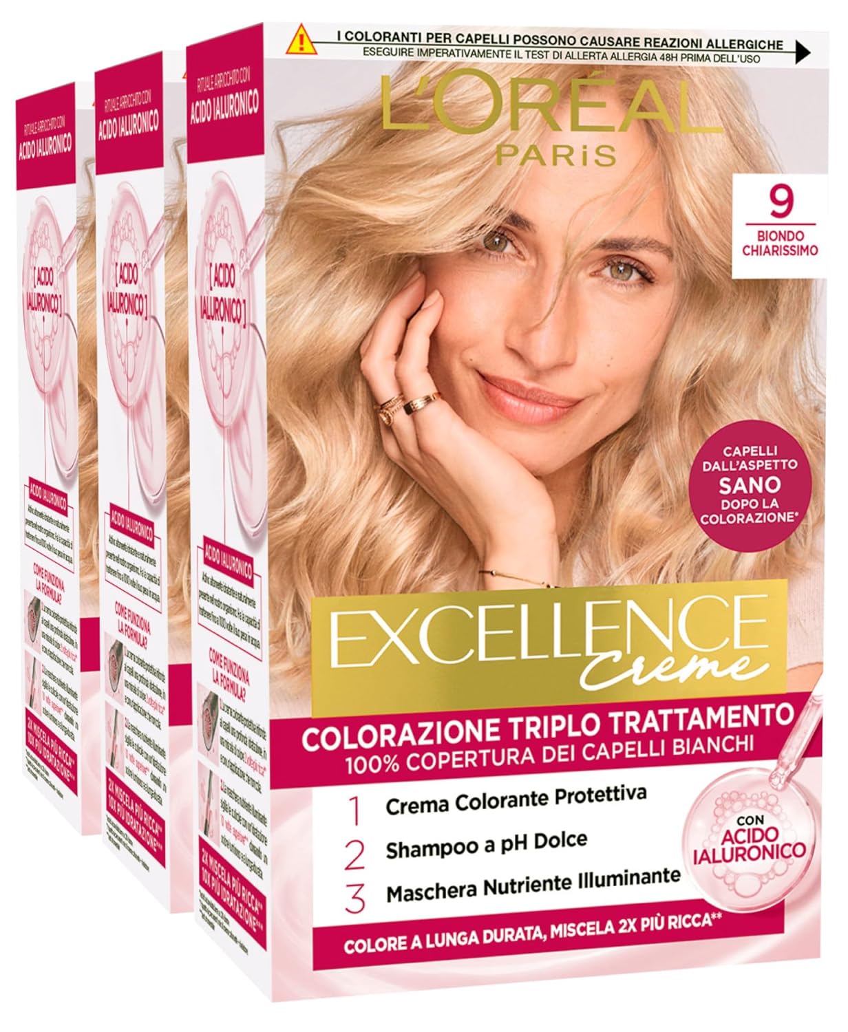 L\'Oréal Paris Excellence Creme 9 Super Light Blonde Triple Dye Covers 100% White Hair Long Lasting with Hyaluronic Acid 3 Colors
