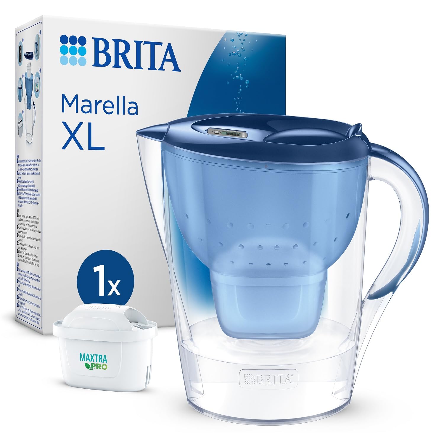 BRITA Water Filter Jug Marella XL Blue (3.5 L) Including 1x Maxtra Pro All-in-1 Cartridge - Water Filter to Reduce Limescale, Chlorine, Lead, Copper & Taste-Impairing Substances in the Water
