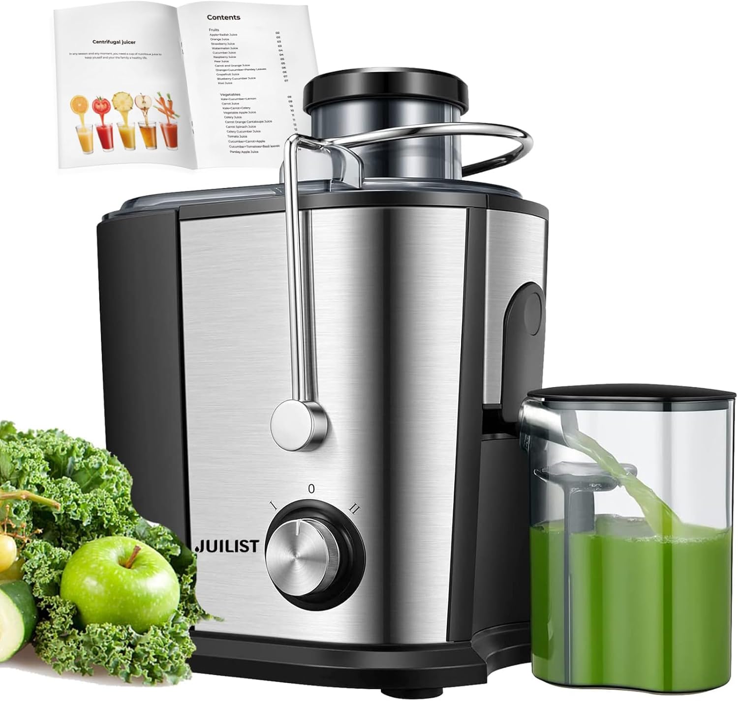 Juicer Vegetables and Fruit, Up to 800 W Juicer with Large Filling Chute (65 mm), 2 Speed ​​Levels, Anti-Drip System & Non-Slip Feet, Easy to Use and Clean 600 W