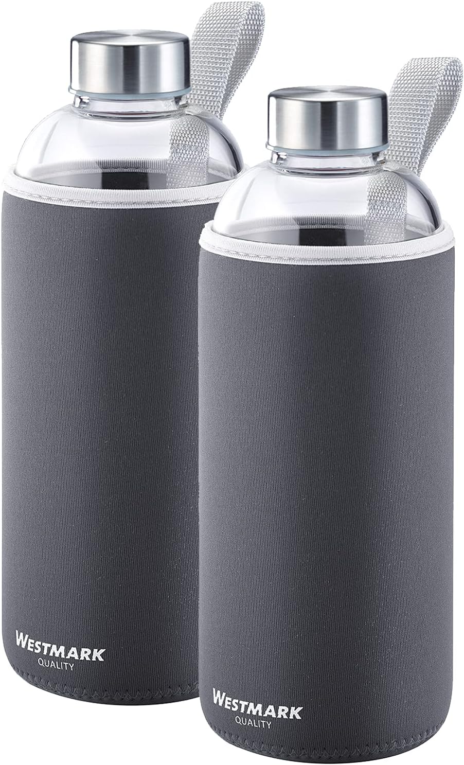 Westmark 527422E6 Drinking Bottle Set of 2 Glass with Print and 1 Protective Cover 1000 ml Glass / Silicone / Rubber BPA-Free Viva Anthracite / Silver / Clear