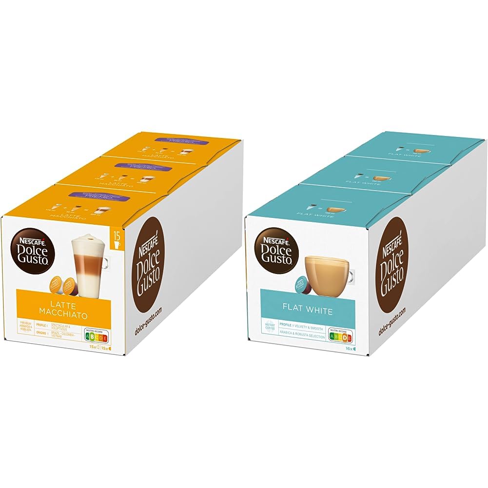 NESCAFÉ Dolce Gusto Latte Macchiato Storage Box, 90 Coffee Capsules & Flat White, 48 Coffee Capsules, Arabica and Robusta Beans